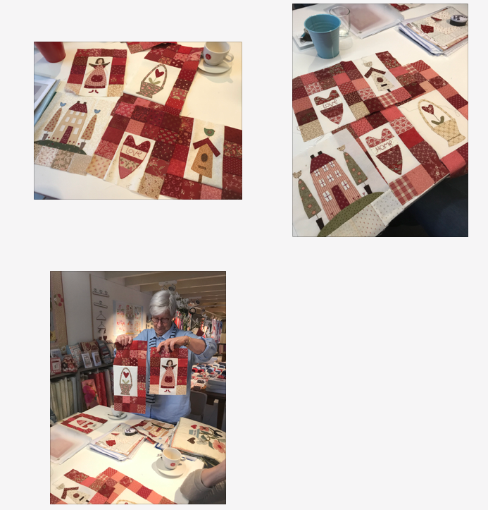 ep maakt de Cottage-Charm quilt van Natalie Bird onder leiding van Ineke Vaillant vrijwel allemaal in het rood. Maar toch zijn ze behoorlijk verschillend. Het patroon staat in het Cottage-Style Charm boek en dat vind je in onze webshop (klik).