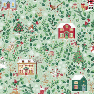 Makower Country Christmas Cottages Green 240 G Stof om te Quilten